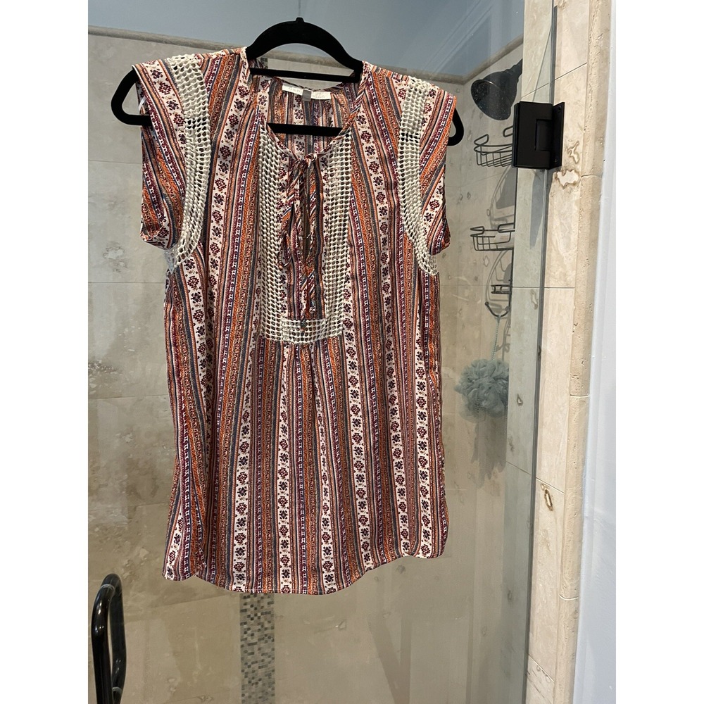 Daniel Rainn Top Small S Peasant Boho Fall Colors Crochet Trim Cap Sleeve Blouse